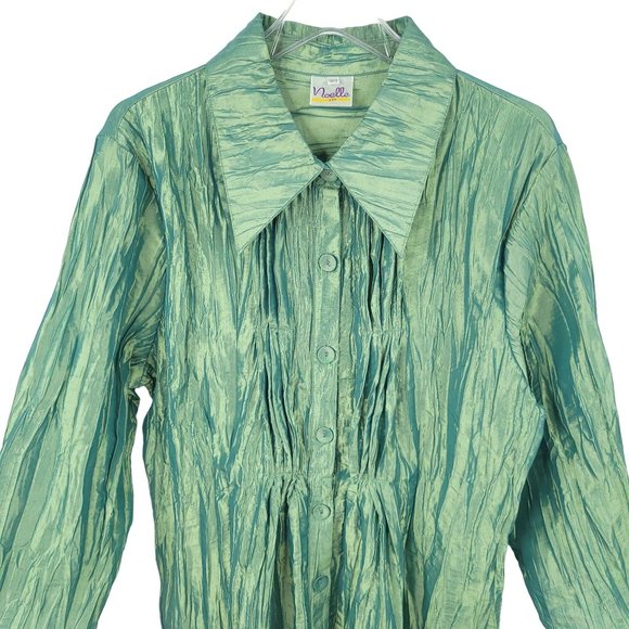 Noelle Crinkle Pleat Tunic Top Jacket Iridescent Green Size 16/18 Button Front - Picture 2 of 13